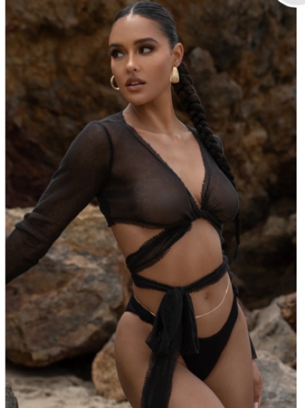 NEW JLUXLABEL Black Netted Wrap Long Sleeve Top